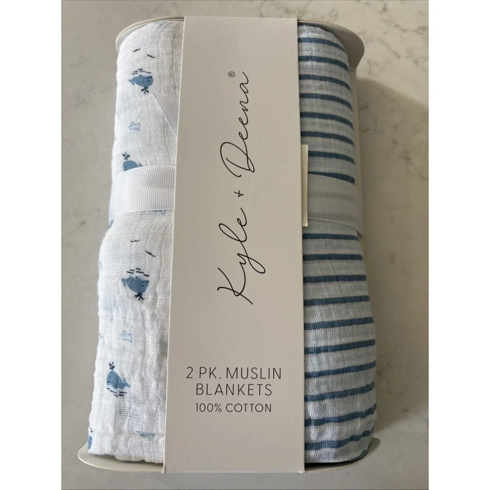 Kyle Deena Infant Boy 2pk 100% Cotton Muslin Blankets Blue Whales Stripes NEW